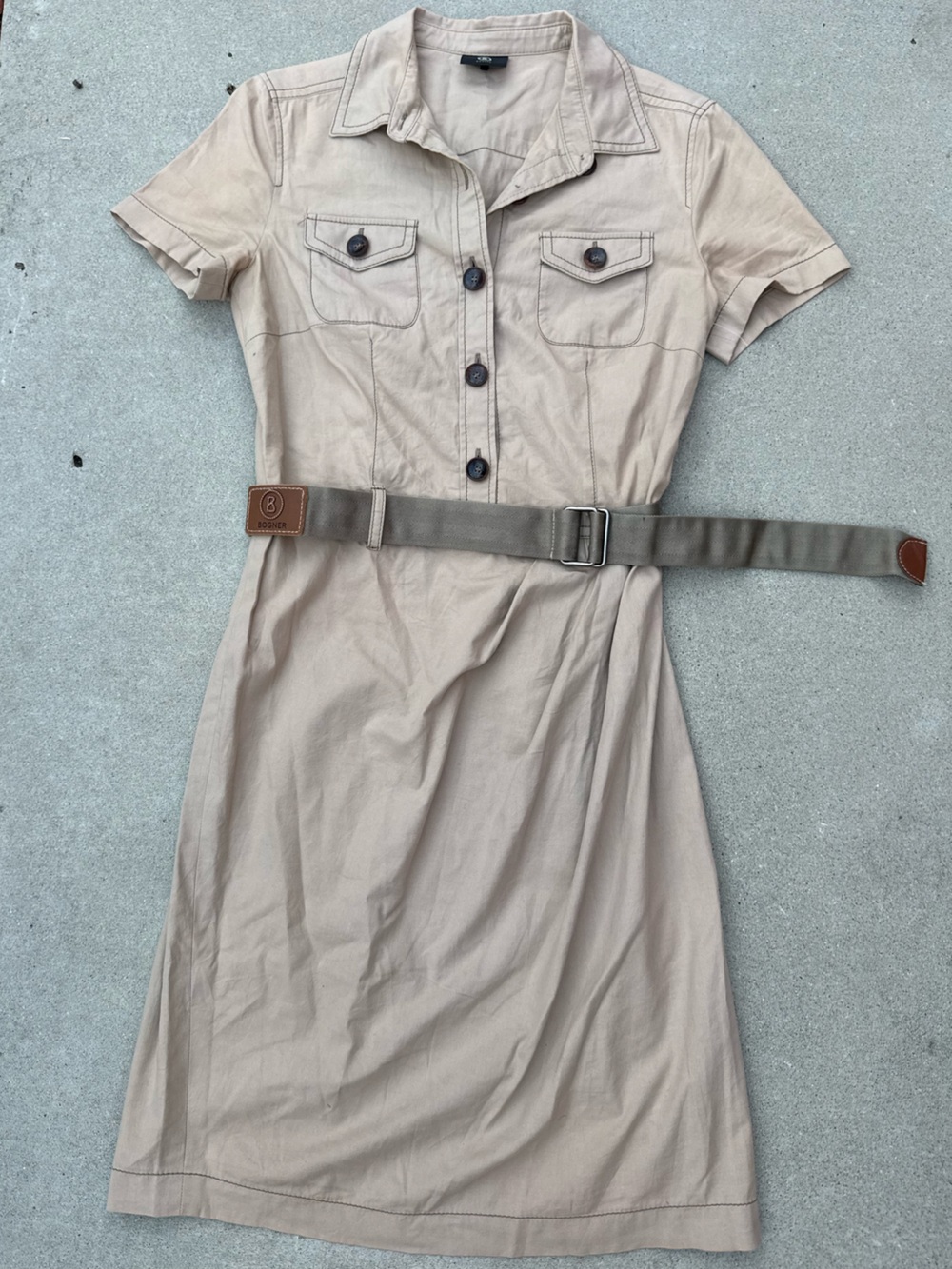 Bogner Khaki Utility Button Up Short Sleeve Belted Designer Dress Women’s Size 8